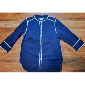 Gretchen Scott Size S Navy Blue White Trim Button Up 100% Cotton Blouse